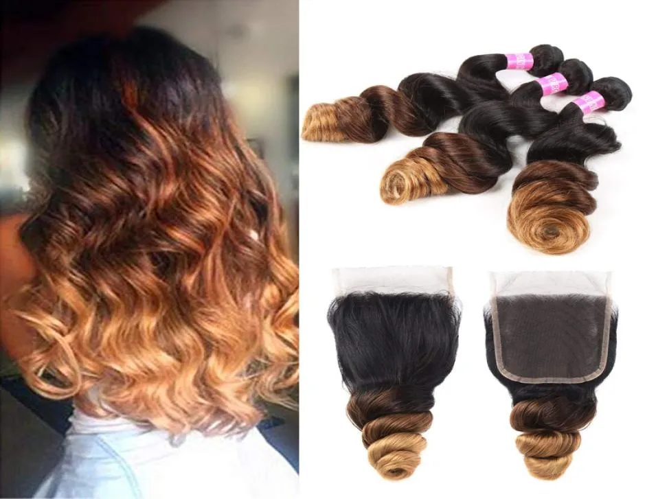 Brazylijskie 1B 4 30 luźne fali Virgin Hair Wzrost Zamknięcia z zamykaniem Ombre Three Ton Human Hair 3 Bundle z 44 koronkowymi Clos 9043857