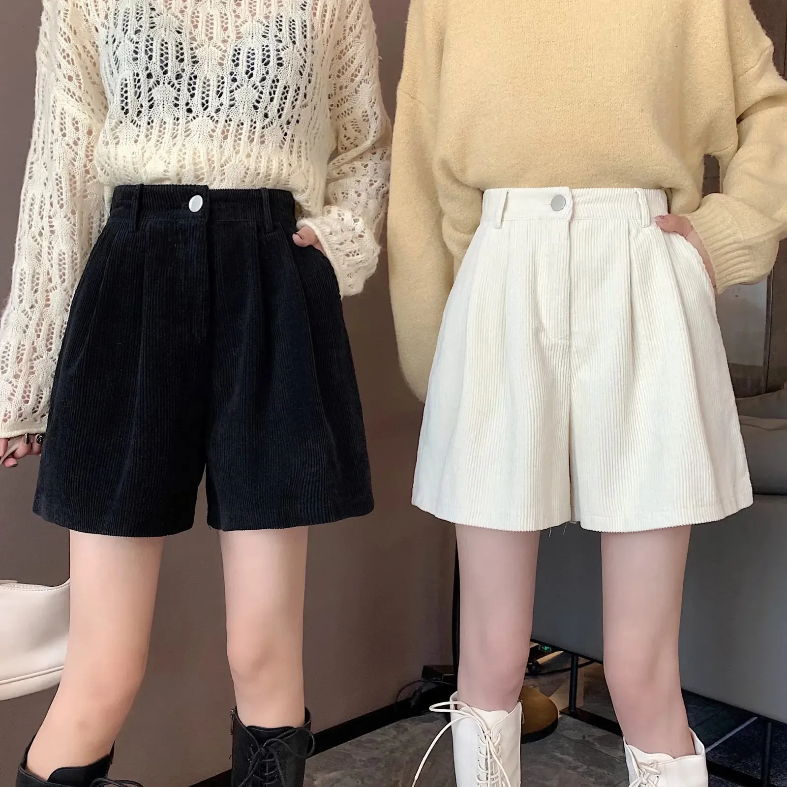 Shorts Women Wide Leg Corduroy High Waist Autumn College Vintage Girlish Harajuku Stylish Street Wear Hipster Femme Y2k 240321