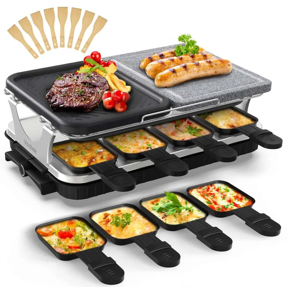 Voohek Korean Raclette Table Rack Hibachi Electric Indoor Barbecue spis 2-i-1 Non Stick Grill Plate and Natural Cooking Stone Justerbar temperatur Laculet