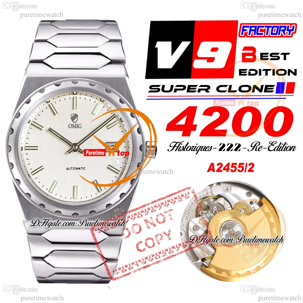 Historiques 4200H 222 Jumbo A2455 automatisch heren dames unisex horloge V9F 37 mm witte stick wijzerplaat roestvrijstalen armband Super Edition Puretimewatch Reloj Hombre