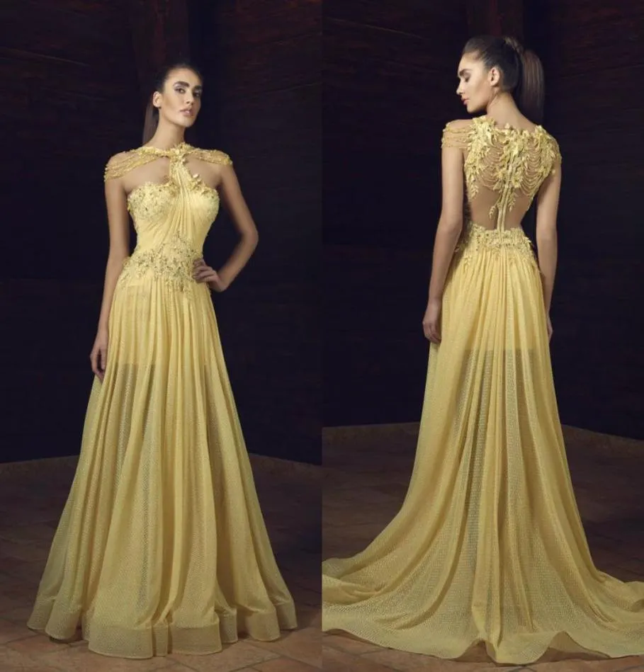 Elegant A Line Light Yellow Prom Dresses Jewel Lace Applique Beads Designer Evening Dress with Ruffles Sexy Bridal Gowns7282844