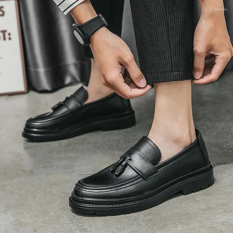 Casual Shoes Brand Black Leather Tassel For Men Thick Bottom Punk British Style Design Career Platform Perfect Daily Wear