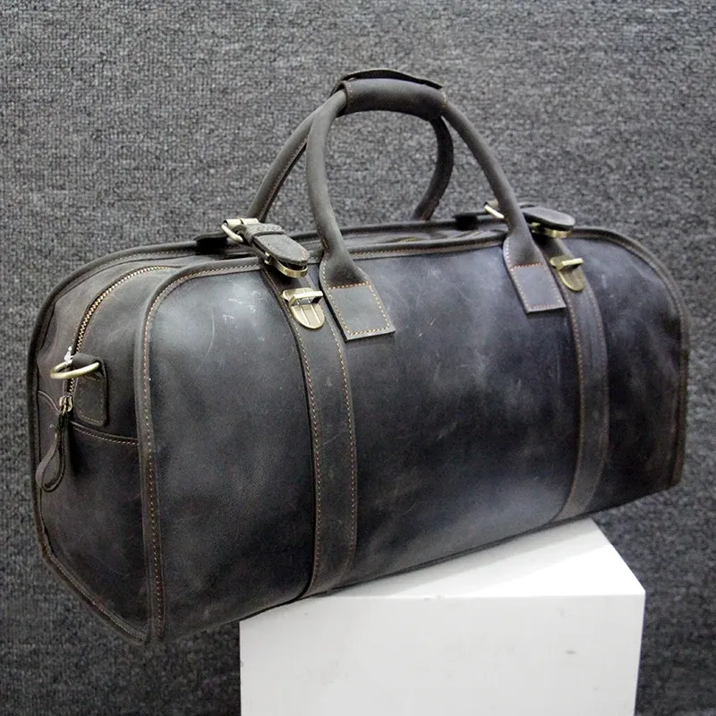 Vintage Crazy Horse Leather Travel Bag Big Capacity Cowskin Duffle Bag Weekend Luuage Bag Stor messenger väska Handbagage väska