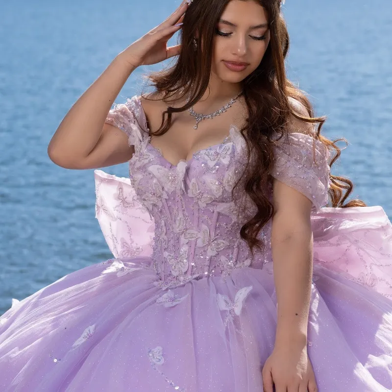 Robe De Quinceanera à épaules dénudées, lavande, lilas, brillante, robe De bal, nœud, perles De cristal, tulle, doux 16, 15 ans