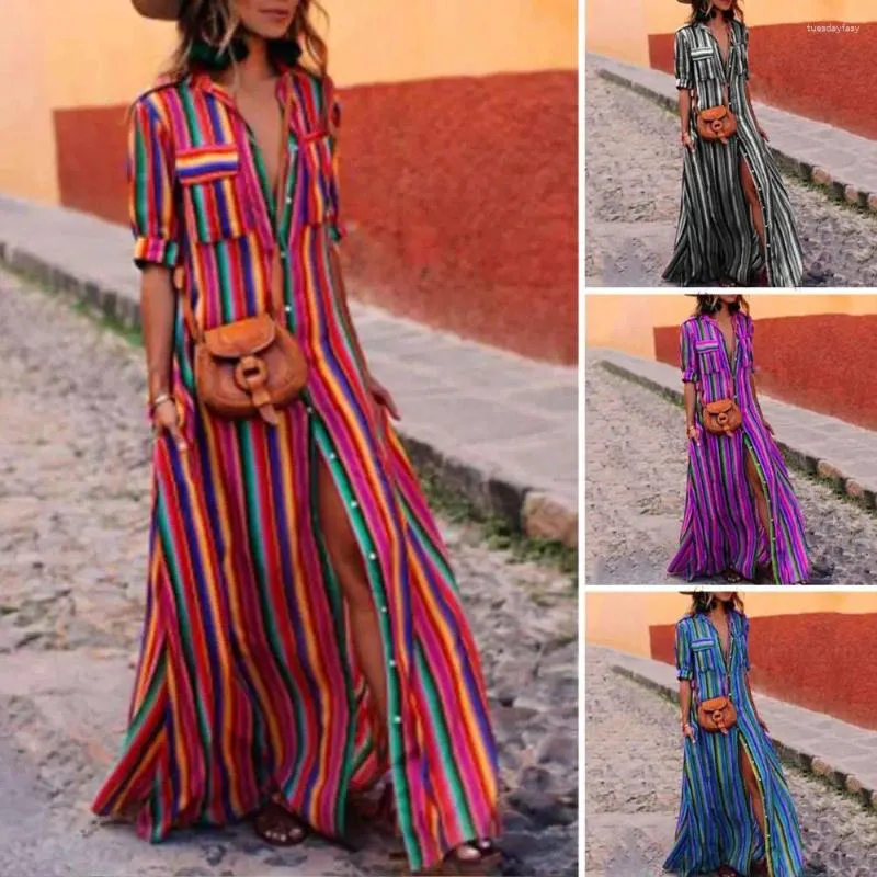Casual Dresses Women's Shirt Dress Striped Solid Color Button Split Loose Vestidos Short Sleeve Cotton Linen Long Lining For W