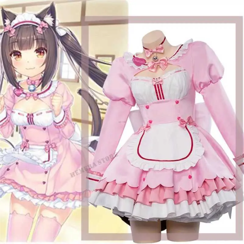 cosplay anime kostymer choklad nekopara cosplay com kläder peruk vanilj kostym katt tjej maid com lolita kvinnor kjol älskvärd rosa blå colorc24321