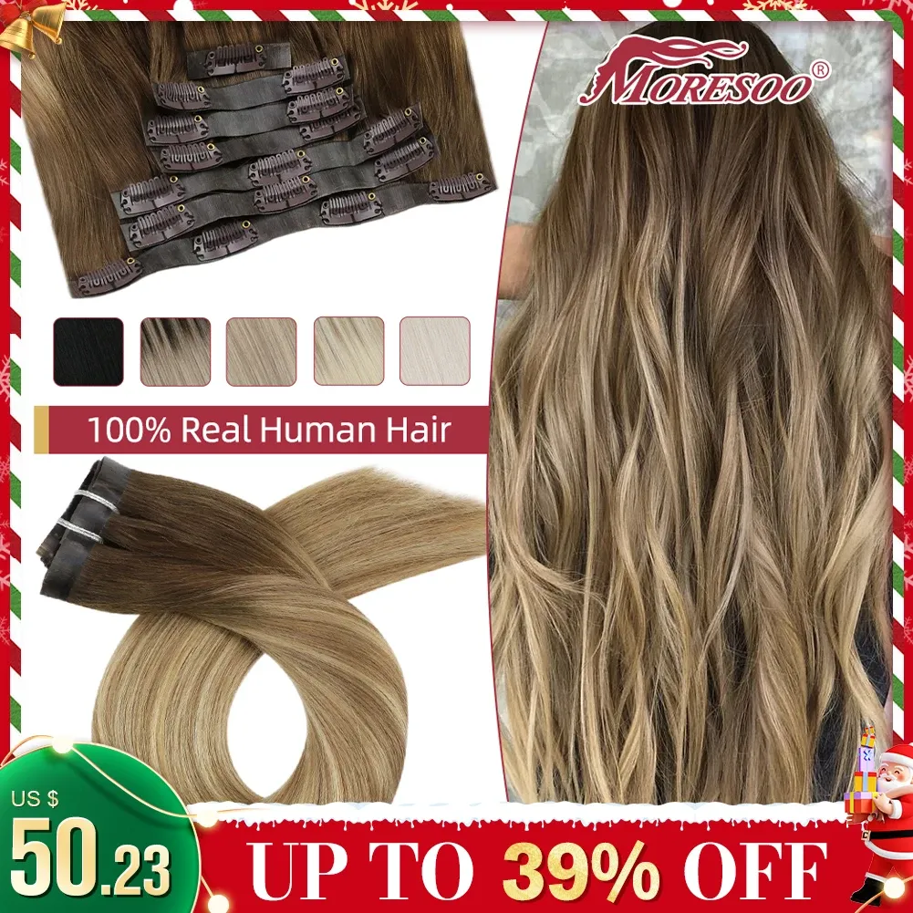 Extensies Moresoo PU Clip-in Extensions Echt menselijk haar Steil Naadloos Onzichtbaar 7pcs Balayage Ombre #3/8/22 Machine Remy-haar Natuurlijk