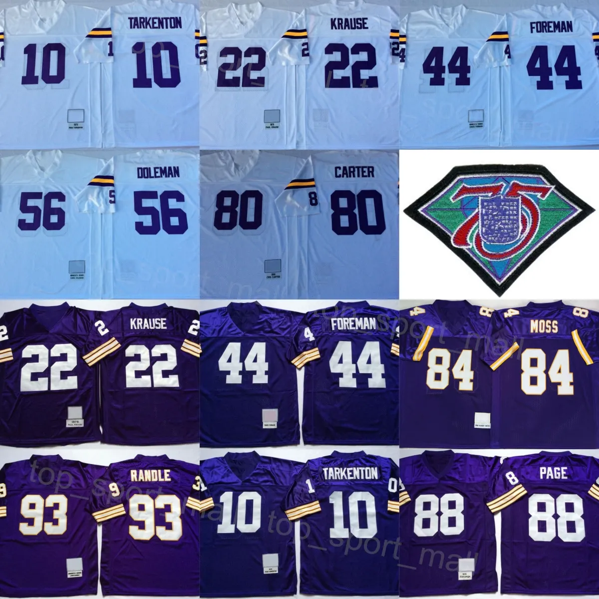 Retro Football 10 Fran Tarkenton Jersey Vintage 22 Paul Krause 28 Adrian Peterson 44 Chuck Foreman 56 Chris Doleman 80 Cris Carter 88 Alan Page 93 John Randle Team