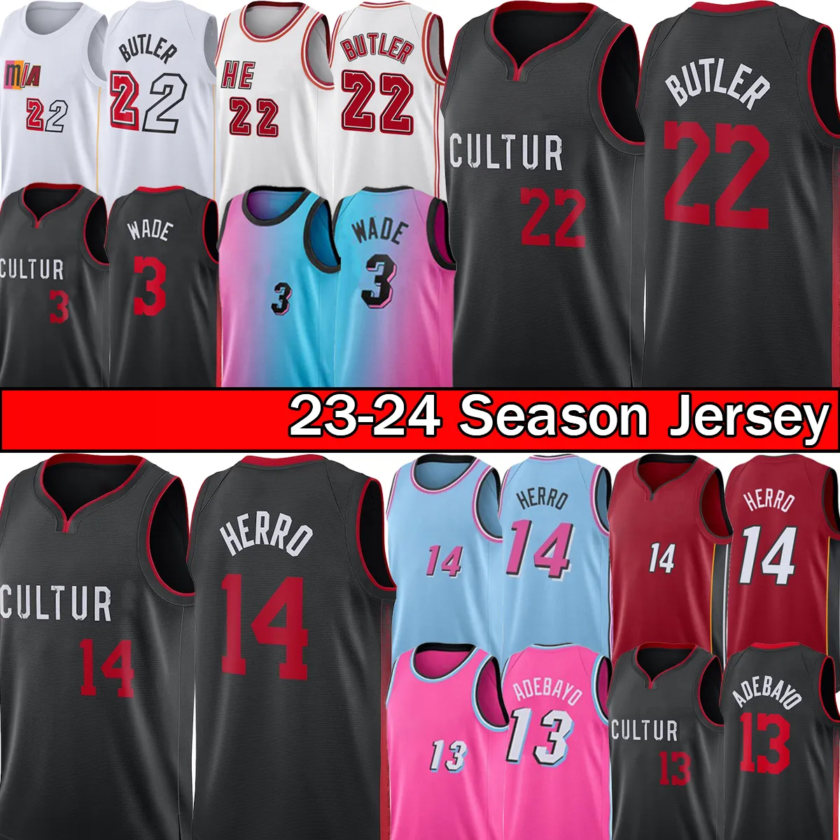 Jimmy Butler Dwyane Wade Basketball Jerseys Tyler Herro Bam Adebayo Jersey Miamis Heats 2023-24 City Młodzież dla dzieci Mężczyzna