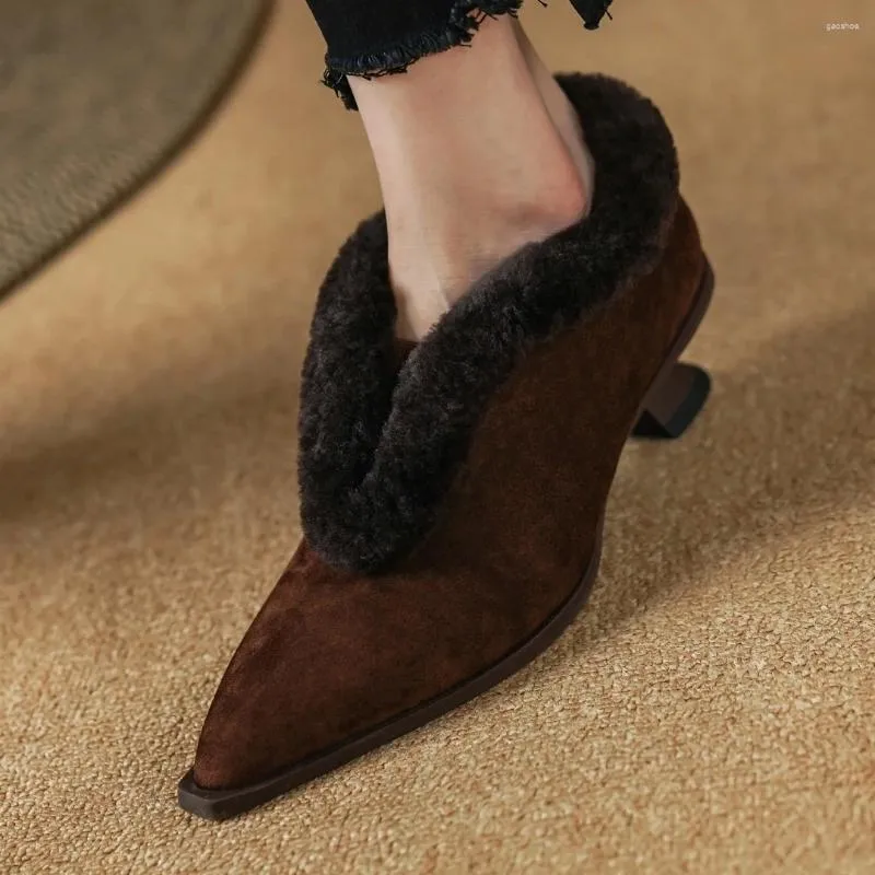 Dress Shoes Women's Natural Suede Leather Wool Inside Winter Warm Pumps Pointed Toe Slip-on Elegant Ladies Kitten Heel Cold Weather Heels