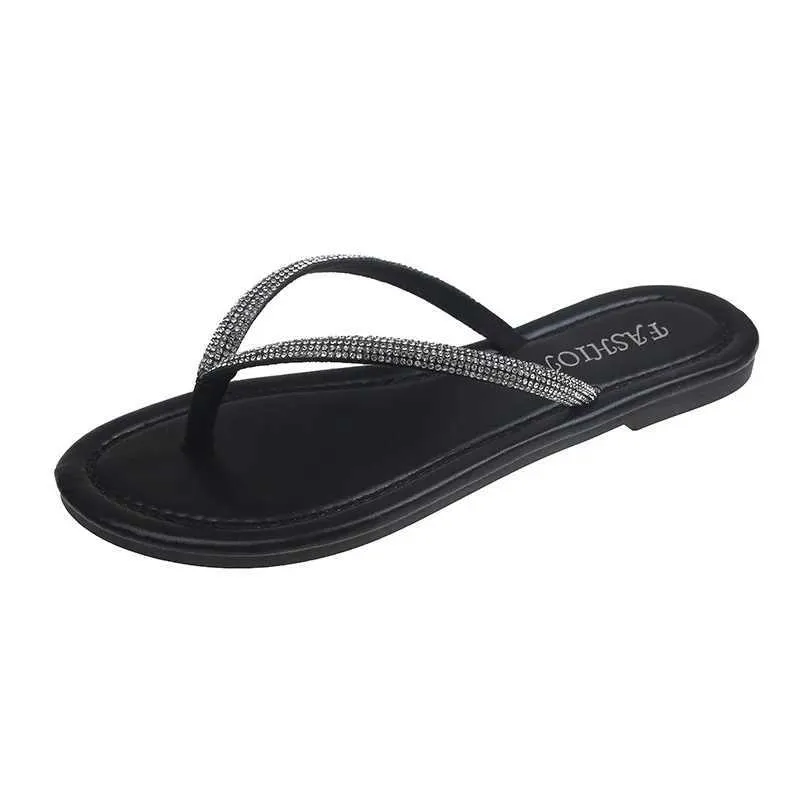 Chinelos 2024 verão nova moda feminina strass casual praia flip flops dedo aberto plana feminino zapatos de jer014pe6 h240322