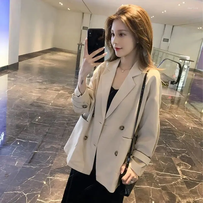 Costumes pour femmes Printemps Solid Blazers Femmes Double Boutonnage Col V Simple Lâche Tout-match Manchette réglable Mode Panneaux Fit Vêtements d'extérieur