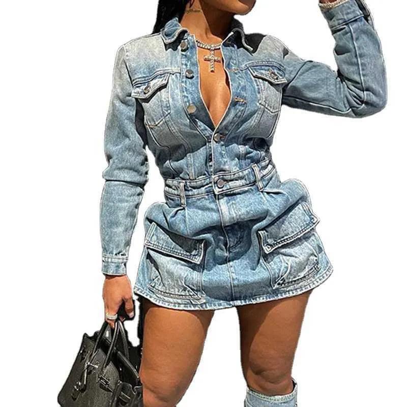 Moda azul mini saia sexy 2 peças conjunto na tendência multi bolso denim vestido saias para mulher