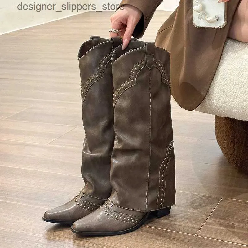 Stiefel Damen-Jeansstiefel sind modisch und zum Hineinschlüpfen, elegante, quadratische High Heels, lange Röhrenstiefel, Retro-Damen-Winterstiefel, Q240321