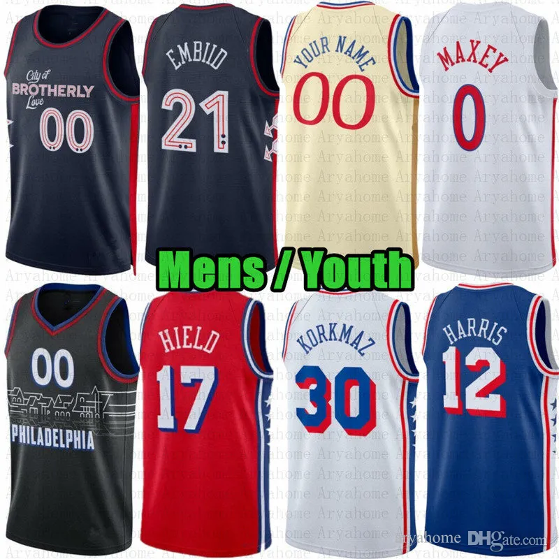 Custom Mens Youth 21 Joel Embiid Sixer Basketball Jersey Tyrese Maxey Tobias Harris Paul Reed Kelly Oubre Jr Buddy Hield Allen Iverson Kyle Lowry Melton McClung