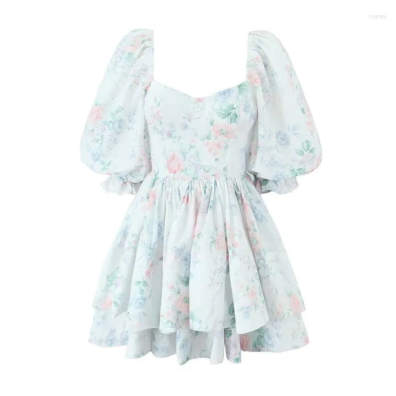 Robes de soirée YENKYE Fleur Imprimer Vacances élégantes pour les femmes Vintage Manches bouffantes 2 couches Robe de bal Mini Robe d'été Jolie Robe