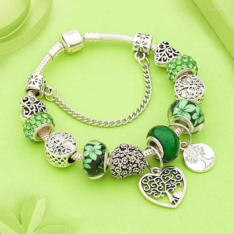 Cazibe bilezik antika tibet hayatın gümüş ağacı yeşil kristal çiçek boncuk bileziği kalp diy takılar pulsera mujer