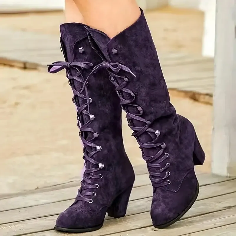 Boots Women Chunky Heeled Long Boots Retro Solid Color Lace Up Knee High Boots Casual Heeled Riding Boots