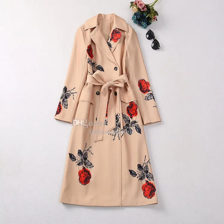 Kobiety Lady Fomal Grace Rose Print Trench Płaszcz Długie projektantki Fashion Płaszcze 0731