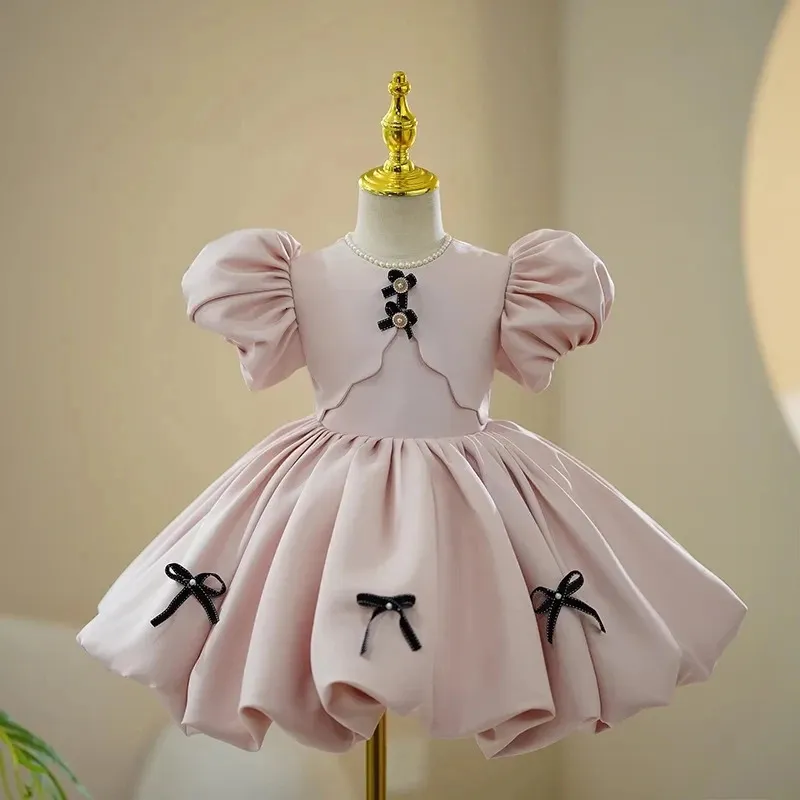Детское свадебное платье принцессы с розовым атласным бантом для девочек-годов, детские платья для девочек, платье для дня рождения, 240309