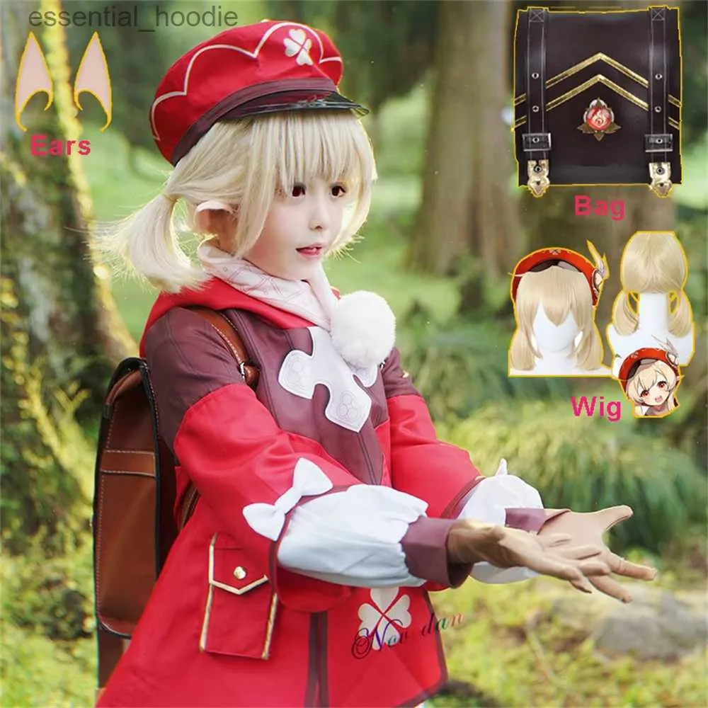 cosplay Costumes d'anime Klee Cosplay enfants viennent jeu d'anime GenshinImpact jeu de rôle pour enfants filles robe sac à dos perruque Halloween fête vêtements grande tailleC24321