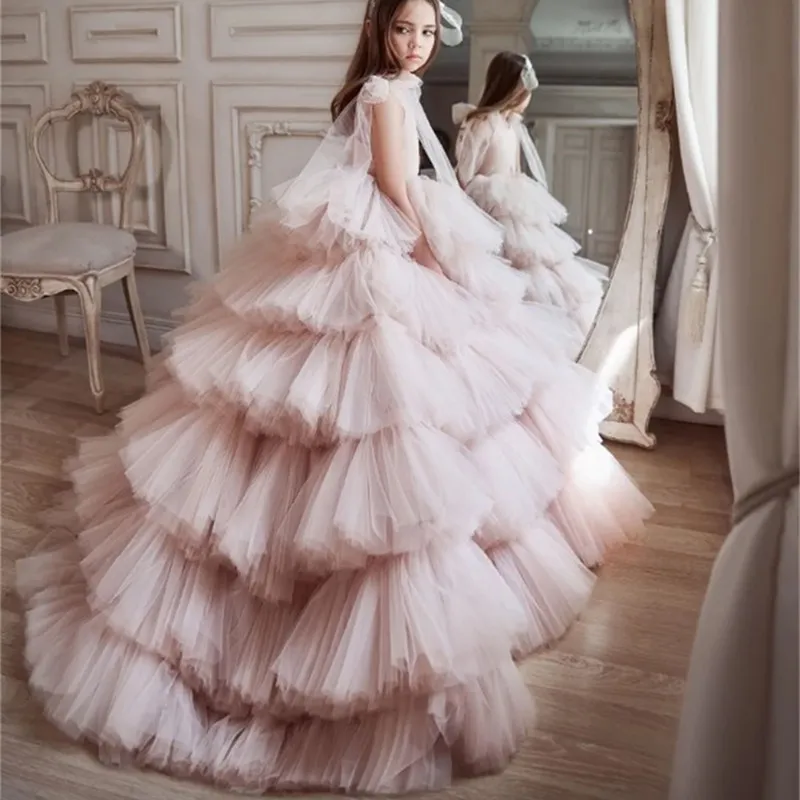 Elegant Flower Girl Dress Jewel Neck Lace, Sash Bow, Tiered Ball Gown,  Puffy Floor Length, Birthday Pageant Dress