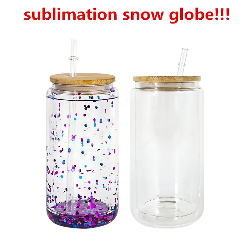 Sublimatie 16oz Sneeuwbol tuimelaar dubbelwandige glazen bekers met bamboe deksels voor Vinyl UV DTF sticker Zomer Drinkware Mason Jar drinkbekers