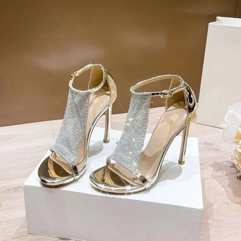 Luxury Rhinestones Silver Women Sandals Elegant thin High heels Dress Sandals Fashion Summer Wedding Bridal Shoes Sandalias