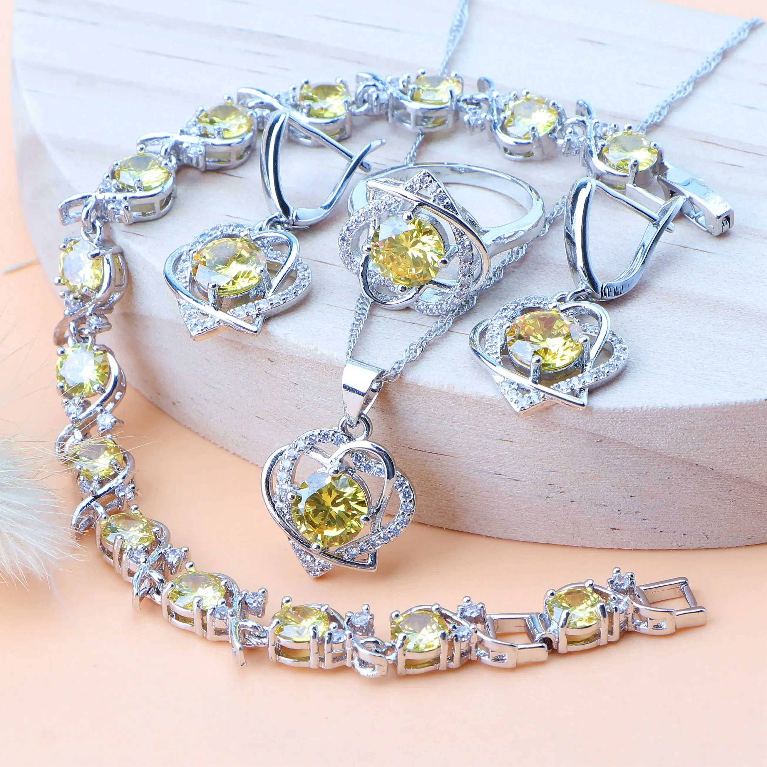 Bracelets Women Bridal Jewelry Sets Yellow Zircon Luxury Wedding Jewelry Charm Bracelets Stones Earrings Rings Pendant Ladies Necklace Set