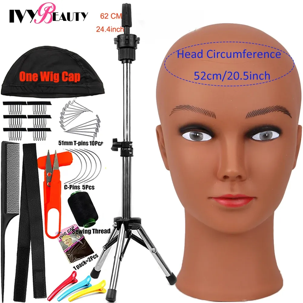 Stands Bald Mannequin Head Canvas Block Head Kit With TPins Wig Cap Tripod For Training Manikin Head Wig Head Stand Display Styling