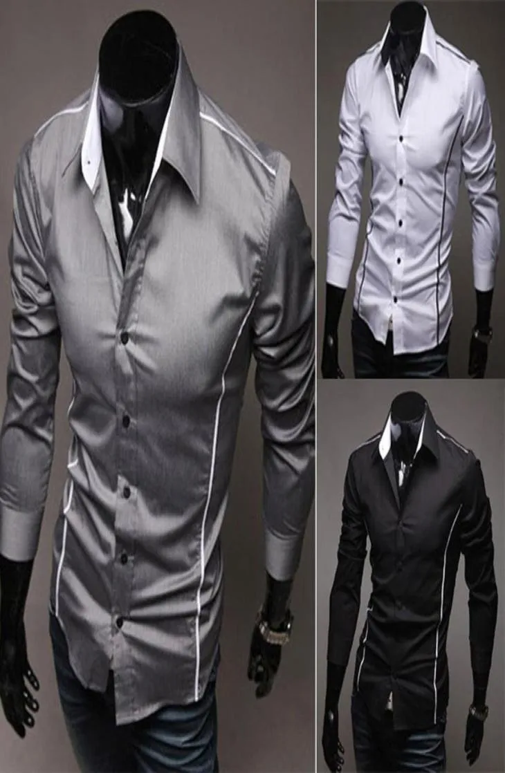 Mens Casual Slim Fit Vestido Camisas Formais Decote Único Camisa de manga Longa 2015 roupas da moda 3 Cores Tamanho XXS XS S M L9989771