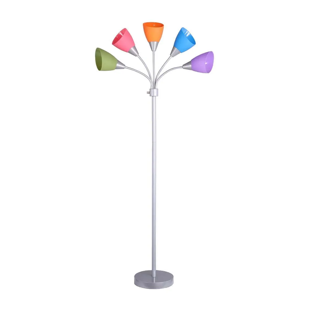 Mainstays 5 Light Floor Lamp, Multi-color Shades, Metal Sier Finish, Modern, Young Adult Use