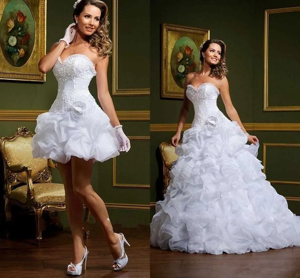 Neue weiße Ballkleid-Hochzeitskleider mit abnehmbarem Rock, trägerlos, herzförmig, abnehmbarer Rock, arabische Mini-Kurz-Brautkleider