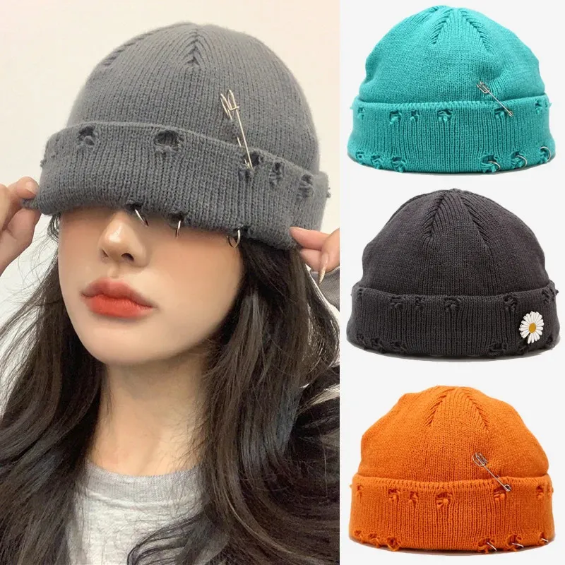 Zima harajuku y2k czapki dzianin kapelusz mody mody ciepły grube gorro mężczyzn Hip Hop Pin Hole Skullcap Krótka czapka unisex podstawowa czapka 240320