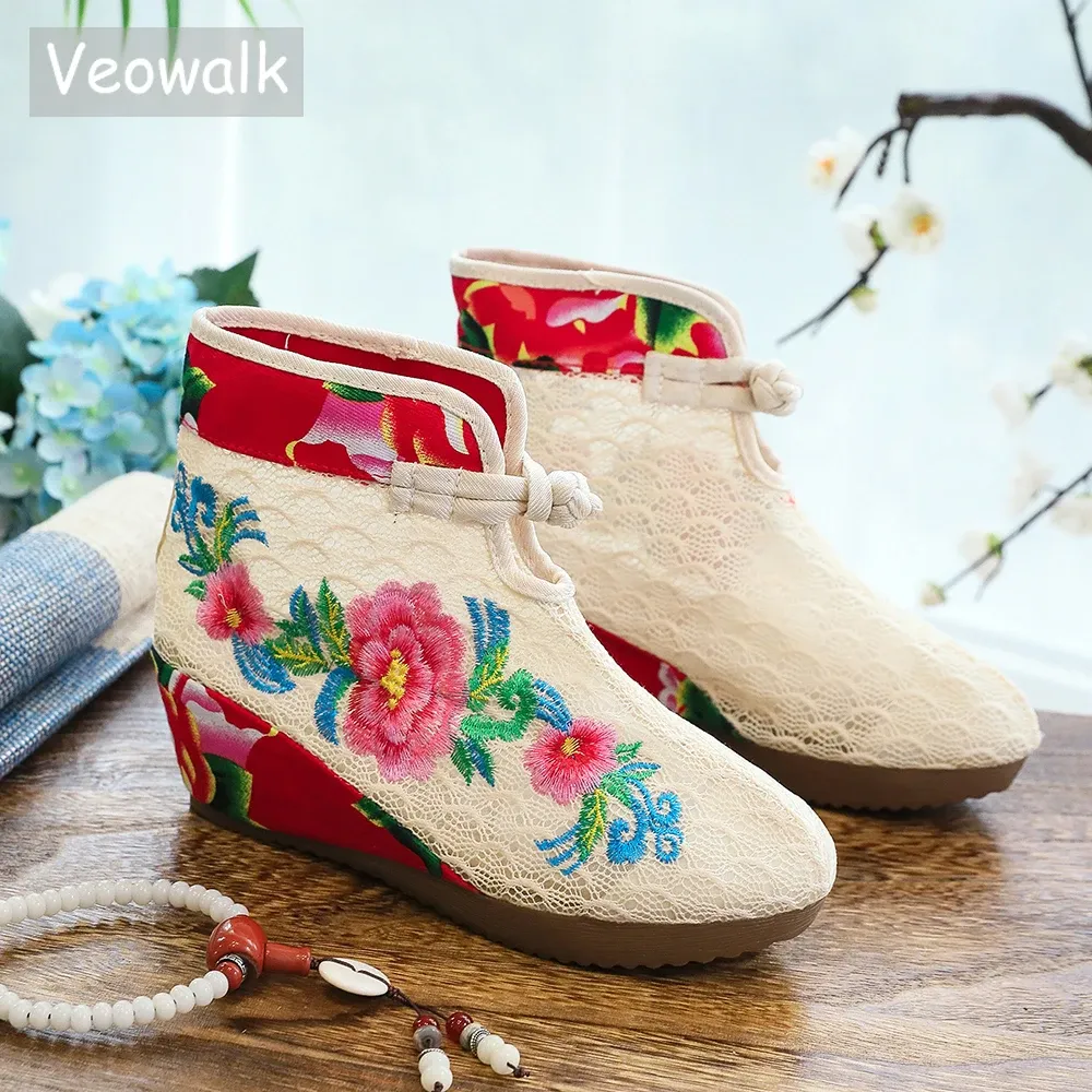 Stövlar Veowalk Summer Bomullsblomma broderade kvinnor Korta ankel Spetsstövlar Brathable Ladies Hidden Wedges Platform Shoes Zapato Mujer