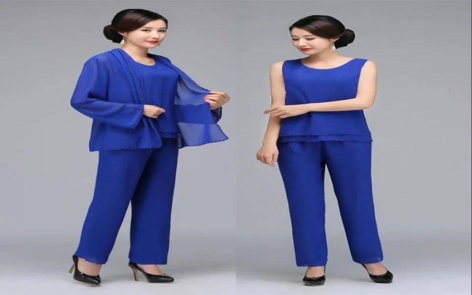 Custom Made Sexy Royal Blue Beaded Mother Of The Bride Pant Suits With Jacket Chiffon Boho Mothers Outfit Formal Garment Wedding G3895921