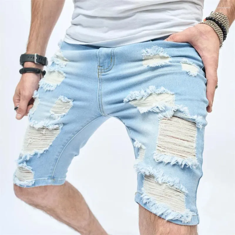 Mäns jeans street män smala passande hål sommarstrand denim shorts stilfulla casual manlig fempunktsbyxor