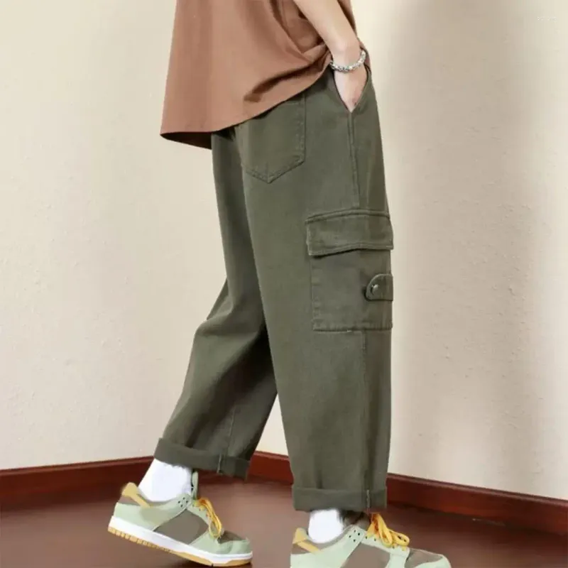 Pantalon pour hommes Multiple Pocket Hommes Vintage Cargo Lâche avec taille élastique Multi Poches Sangle Décor Doux pour Quotidien