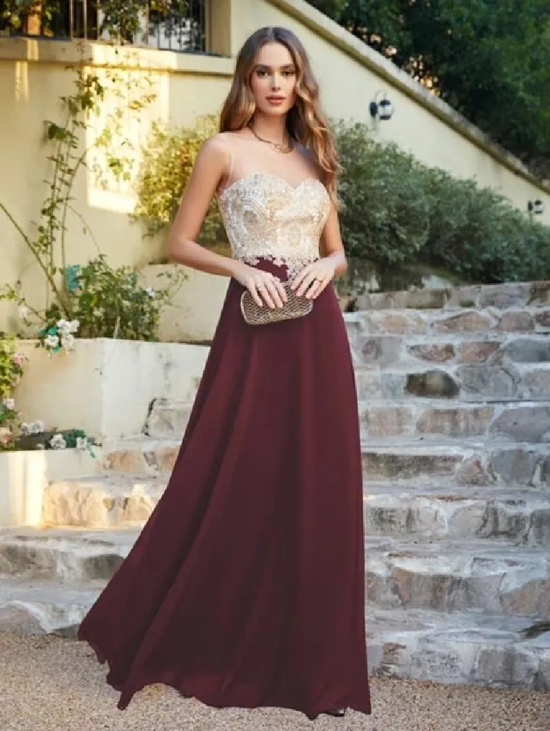 Elegant Gold Illusion Sweetheart Gold Beaded Bridesmaid Dress with Backless - Perfect for Wedding Parties and Formal Events (CPS620)