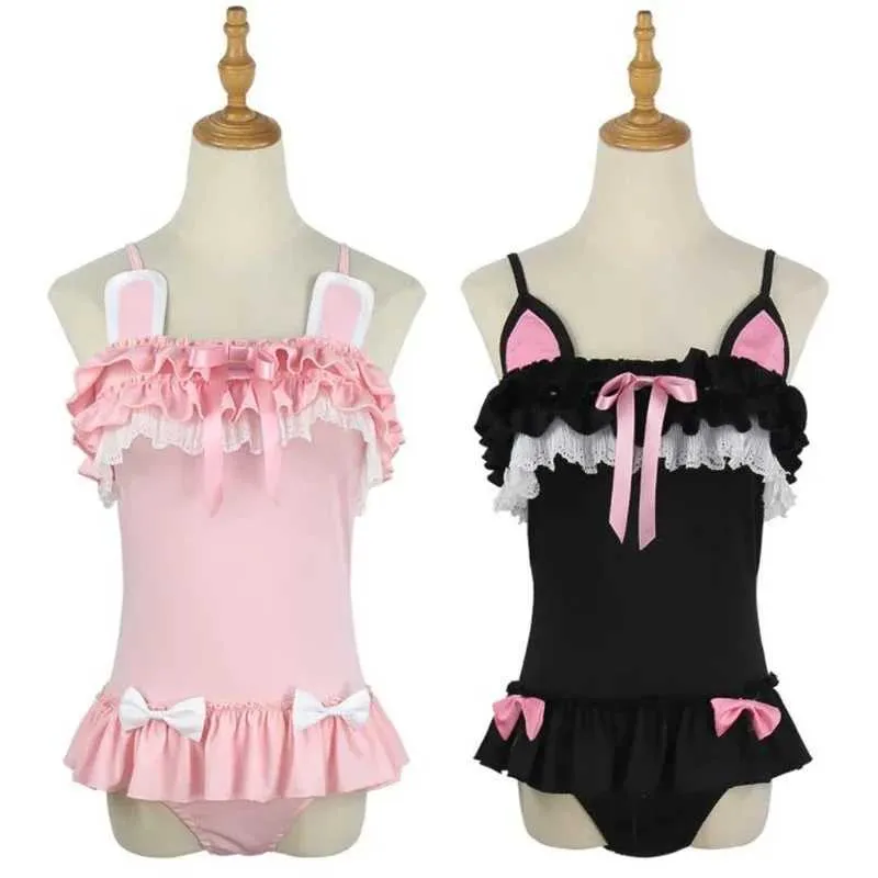 cosplay anime kostymer halloween öron kanin katt söt cosplay kommer sexig baddräkt rosa svarta underkläder kvinnor flicka lolita anime baddräkter