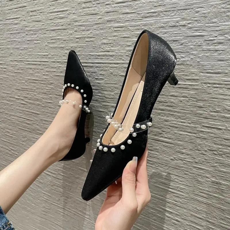 Dress Shoes 2024 Pearl Small High Heels Women Pointed Toe Talons Hauts String Bead Clear Band Mary Janes Woman Pumps Plus Size 40/42