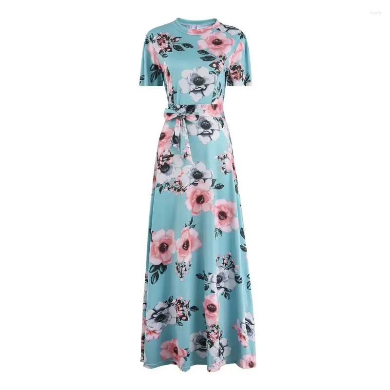 Lässige Kleider Frühling Blumenkleid Print Maxi mit Mock-Kragen Gürtel Taille Damen A-Linie Swing für Sommer-Knöchel