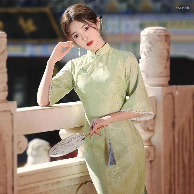 Etnische kleding jonge Chinese stijl groene composiet mesh omgekeerde cheongsam met grote mouwen lente elegante alledaagse jurk