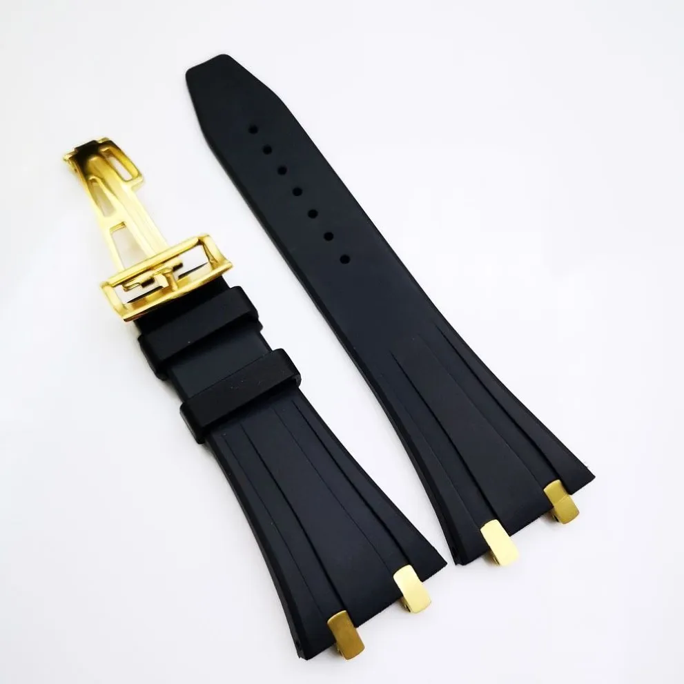 27 mm schwarzes Kautschukarmband, 18 mm goldfarbenes, spannungsfreies Faltarmband aus Stahl für AP Royal Oak 15400 15390 39 mm 41 mm Modelle Watch329i