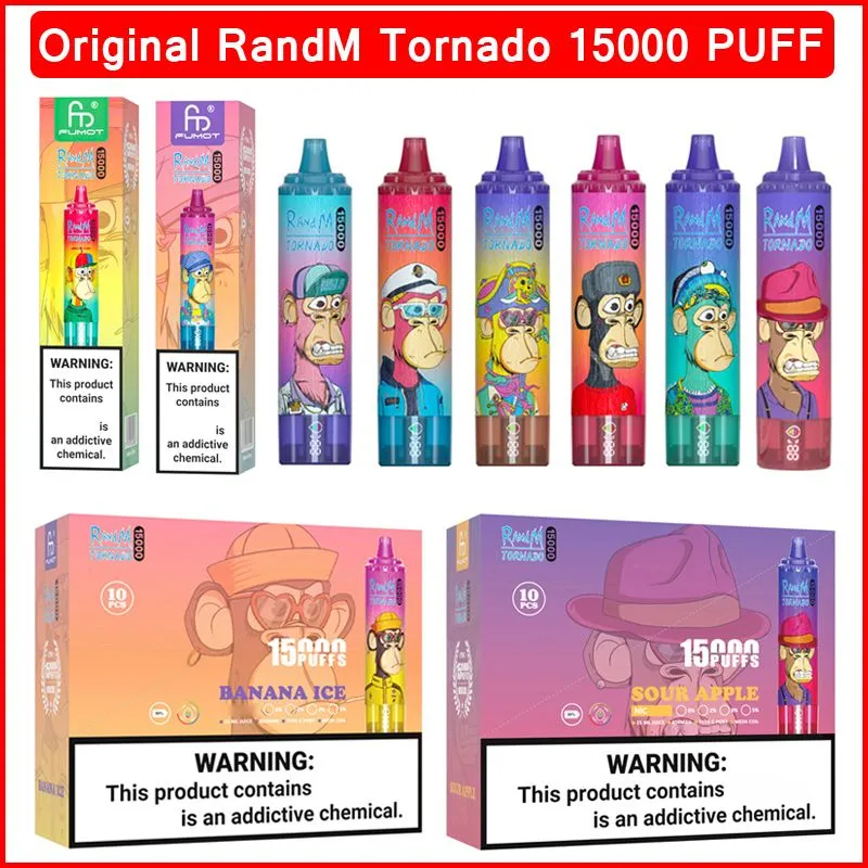 Оригинальный RandM Tornado 15000 Puffs Одноразовая ручка для вейпа 15k Puff Vape Fumot 25 мл Предварительно заполненные картриджи Pod 850 мАч Перезаряжаемая батарея 41 вкус на складе