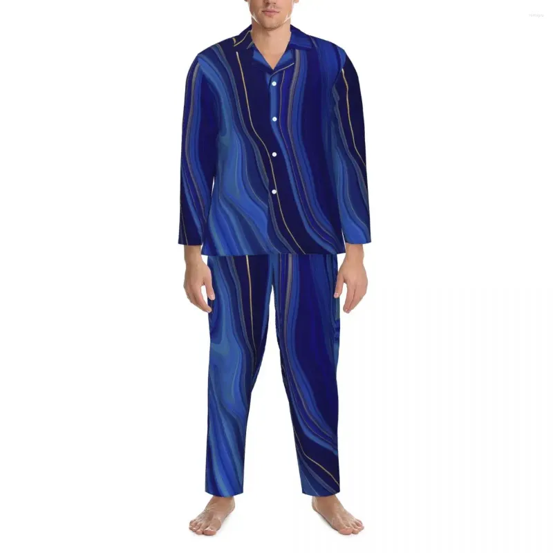 Nachtkleding voor heren Abstract marmer Lente blauw Vloeistof Casual oversized pyjama Set Heren Lange mouwen Kawaii Slaapkamer Gedrukt nachtkleding