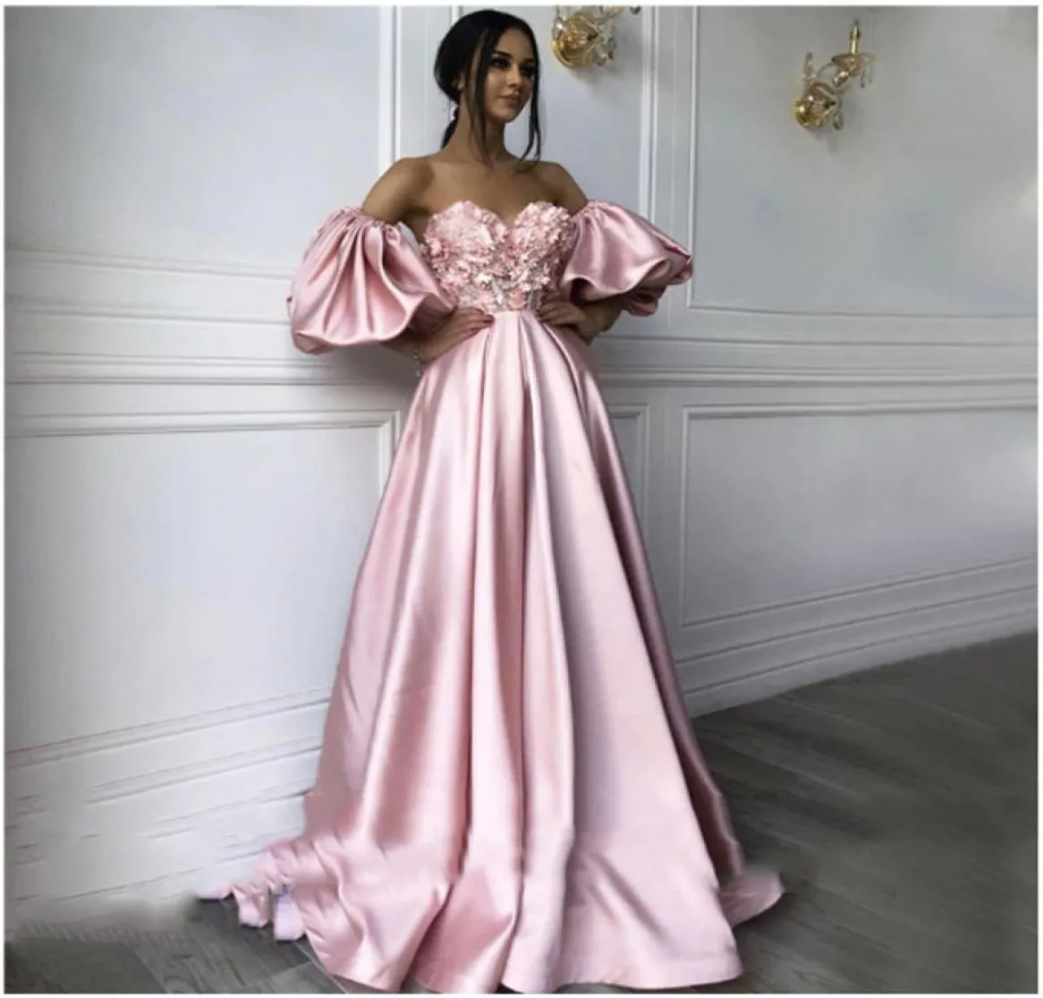 Robe de soirée caftan rose à col en cœur, manches longues à fleurs, tenue arabe pour occasions spéciales, 1053837