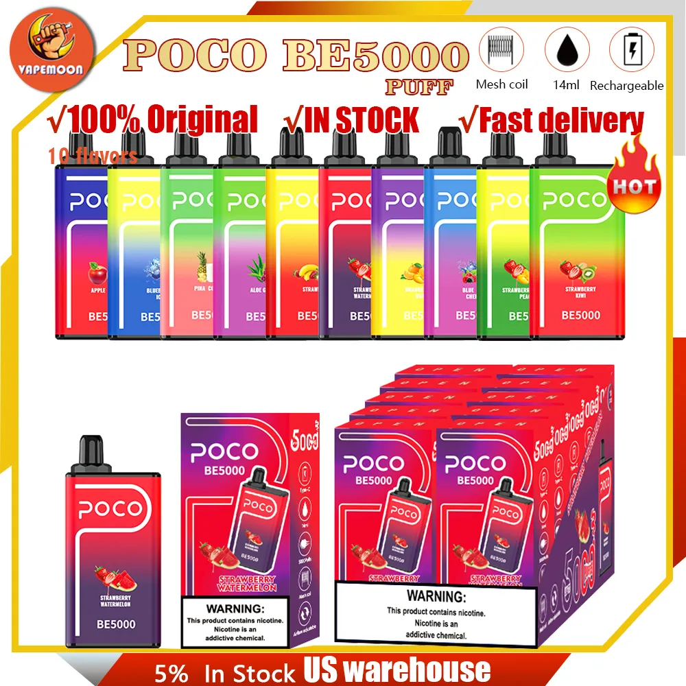 US Warehouse Poco Be 5000 Puffs Electronic Cigarette Disposable Vape Rechargeble Mesh Coil med 17 ml Vaper Pod i Stock Fast Shipping Randm EF Box 7K 18K