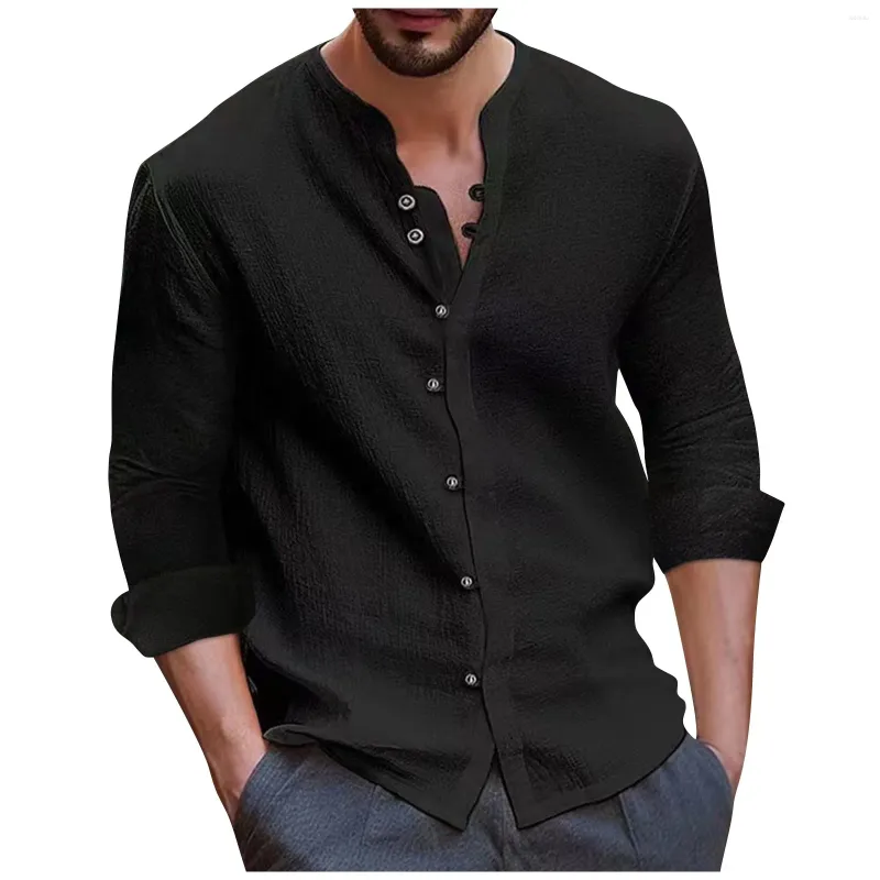 Men's Casual Shirts Spring Summer Shirt Retro Long Sleeved Tops Cotton Linen Comfort Fashion Solid Color Blouse Collarless Top