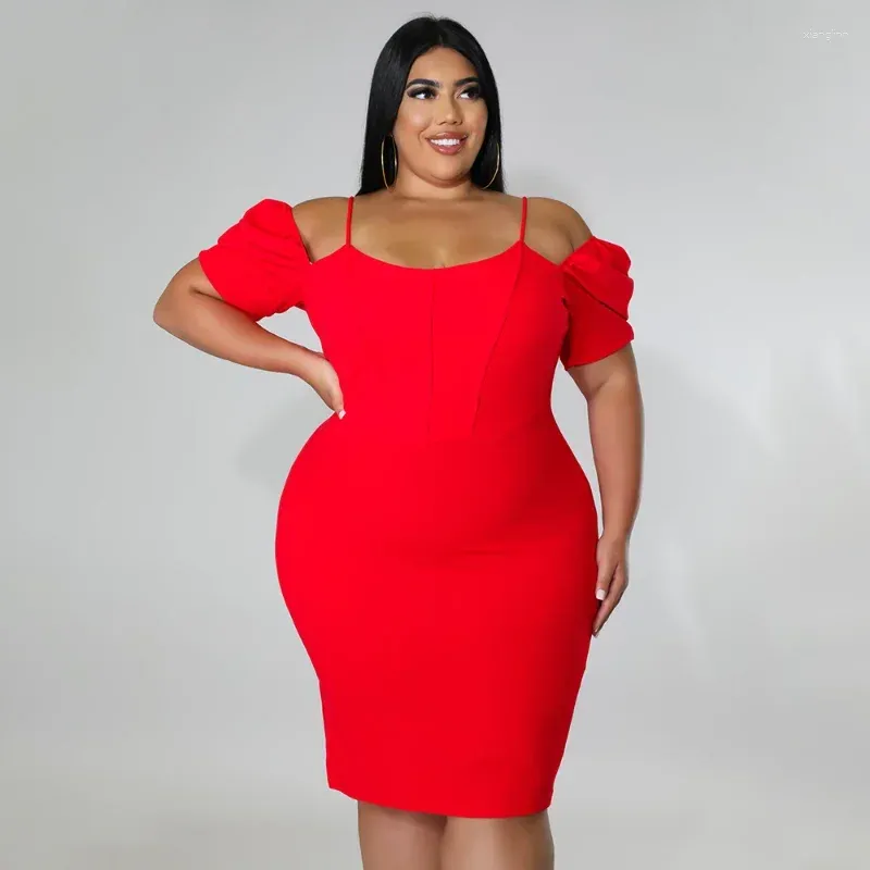 Robes de grande taille KEXU hors de l'épaule Spaghetti sangle Sexy robe moulante rouge femmes froncé à manches courtes fête Club gaine Mini